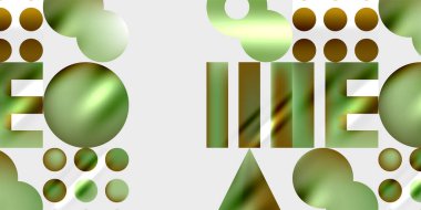 Soyut tasarım yeşil küreler, metin elementleri içerir. Kompozisyon değişkenler, şekiller, koyu arkaplan kullanır. Modern, minimalist estetik.