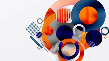 Üst üste binen daireler, çizgiler, noktalar içeren soyut bir kompozisyon. Canlı turuncu, mavi, gri tonlu modern tasarım. Temiz, geometrik şekiller hakim.