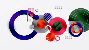 Soyut geometrik şekiller çakışıyor. Çemberler, çizgiler, noktalar dinamik bileşim yaratır. Parlak renkler tasarıma hakim. Modern estetik.