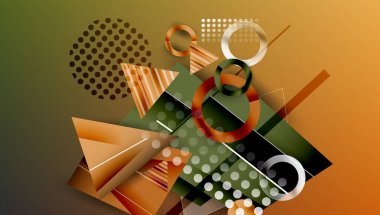 Soyut geometrik bileşim. Üst üste binen şekiller, çizgiler dinamik görsel deneyimler yaratır. Sıcak renkler hakim, modern estetik sunuyor..