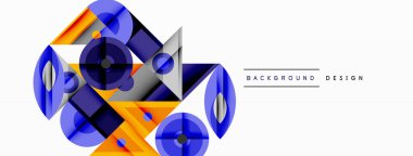 Soyut geometrik şekiller örtüşür, dinamik bileşim yaratır. Mavi, turuncu, gri tonlar tasarımda baskın. Modern estetik.