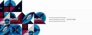 Soyut geometrik desen. Mavi, mor, gümüş şekiller modern tasarımı oluşturur. Beyaz boşluklu minimalist stil.