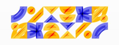 Soyut geometrik şekiller tekrar eder, sarı, mor renkler kullanır. Desen dinamik görsel doku yaratır. Minimalist tasarım, mevcut temiz çizgiler.