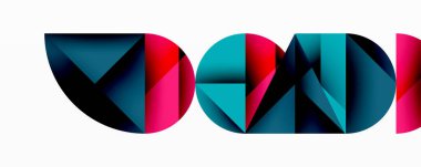 Soyut geometrik tasarım harfleri oluşturan renkli çokgen şekiller içerir. Canlı pembeler, maviler dinamik görsel etki yaratır. Minimalist stil.