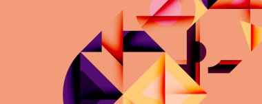 Soyut geometrik bileşim. Sıcak renkler baskın, üçgenler, daireler, dikdörtgenler. Modern tasarım, minimalist estetik.