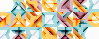 Soyut geometrik desen. Kareler, üçgenler, dikdörtgenler renkli mozaik etkiler yaratıyor. Yumuşak ışıklandırma, modern tasarım.