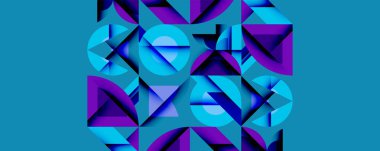 Soyut geometrik şekiller, canlı maviler, morlar modern tasarım yaratır. Karmaşık desenler, keskin açılar görsel dokuyu tanımlar.