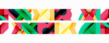 Soyut geometrik şekiller örtüşür, canlı renkli desenler yaratır. Kırmızı, yeşil, sarı baskın tasarım. Minimalist estetik.