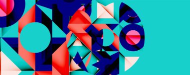 Soyut geometrik şekiller örtüşür ve canlı bir bileşim yaratır. Mavi, pembe, turkuaz baskın tasarım. Modern estetik.