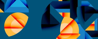 Soyut geometrik bileşim. Mavi, turuncu renkler baskın. Şekiller kesişir, dinamik görsel efekt yaratır. Minimalist tasarım.