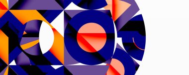 Soyut geometrik bileşim. Şekiller çakışıyor, dinamik görsel etki yaratıyor. Renkler turuncu, mavi, mor, kırmızı. Modern tasarım.