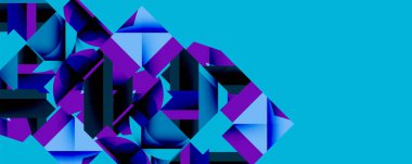 Soyut geometrik şekiller, canlı maviler, morlar kompozisyona hakim. Modern dijital sanat, keskin açılar dinamik görsel efekt yaratır.