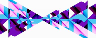 Soyut geometrik şekiller dinamik görsel etki yaratır. Mor, mavi, pembe renkler kompozisyona hakim. Simetri hareket ve derinlik öneriyor..