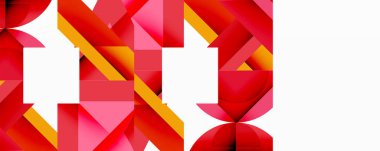 Soyut geometrik şekiller, çoğunlukla kırmızı, pembe, sarı. Bileşimi hareketi, dinamik görsel etkiyi gösteriyor. Temiz beyaz boşluk mevcut.