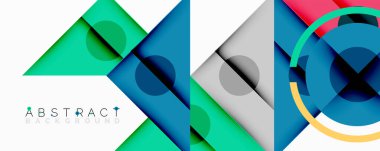 Geometrik şekiller örtüşerek, canlı ve soyut bir zemin oluşturur. Teal, mavi, gri, kırmızı renkler kompozisyona hakim. Modern tasarım elemanları.