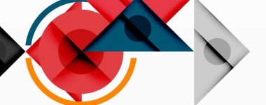 Soyut geometrik bileşim. Şekiller örtüşüyor, dinamik görsel ilgi yaratıyor. Kırmızı, mavi, turuncu, gri tonlar dizaynın hakimi.