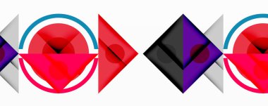 Soyut geometrik şekiller, canlı renkler, tekrarlayan desenler. Daireler, elmaslar, üçgenler dinamik bileşim yaratır. Modern tasarım ögeleri.