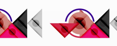 Soyut geometrik bileşim. Şekiller örtüşüyor, dinamik görsel ritim yaratıyor. Renkler kırmızı, mor, gri, siyah. Minimalist tasarım.