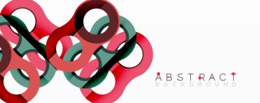 Soyut tasarım özellikleri birbirine dolanmış halkalar, kırmızı, yeşil renkler. Minimalist kompozisyon, temiz çizgiler, modern estetik. Parlak arkaplan şekilleri güçlendirir.