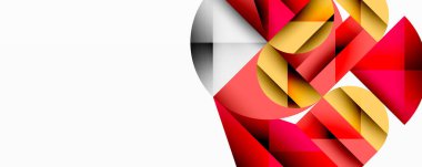 Soyut geometrik şekiller, kırmızı, altın, beyaz. Dinamik kompozisyonu olan minimalist tasarım. Temiz çizgiler, modern estetik..