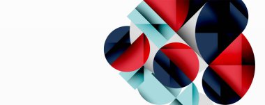 Soyut geometrik bileşim. Daireler, üçgenler üst üste binerek dinamik görsel efekt yaratır. Kırmızı, mavi, Cyan beyaz arkaplana hükmediyor.