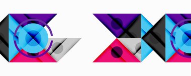 Soyut geometrik desenler, canlı renkler, dairesel şekiller, üçgen biçimler. Modern tasarım, kalın zıtlıklar, dinamik kompozisyon.