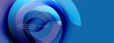 Soyut mavi tasarım akış katmanları, dairesel şekiller, gradyan renkler içerir. Modern estetik, dinamik kompozisyon.