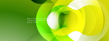 Soyut daireler örtüşüyor, parlak yeşil, sarı gradyanlar yaratıyor. Modern tasarım derinlik, hareket, görsel ilgi.