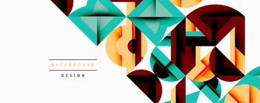 Soyut geometrik şekiller dinamik arkaplan yaratır. Teal, turuncu, kestane rengi kompozisyona hakim. Modern tasarım öğeleri görsel ilgi sunar.