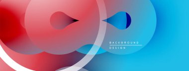 Soyut sıvı şekilleri, canlı kırmızı mavi gradyan. Üst üste binen daireler dinamik bileşim yaratır. Modern tasarım ögesi.