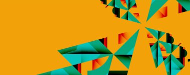 Soyut çokgen şekiller görüntüye hakim. Teal, turuncu, kırmızı renkler dinamik kompozisyon oluşturur. Minimalist tasarım modern estetiği öneriyor.