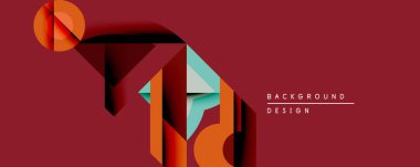 Soyut geometrik şekiller örtüşür, dinamik bileşim yaratır. Sıcak turuncu, deniz mavisi renkleri koyu kestane rengi ile tezat oluşturuyor. Dijital projeler için modern tasarım ögesi.