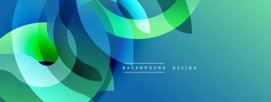 Soyut akışkan şekiller, canlı maviler, yeşiller dinamik arkaplan oluşturur. Modern tasarım hareket, enerji, derinlik öneriyor.