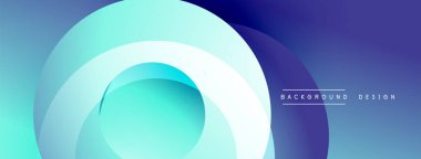 Soyut gradyan katmanlar dinamik dairesel bileşim oluşturur. Mavi, turkuaz, mor renkler kusursuz bir şekilde harmanlanır. Modern tasarım ögesi.