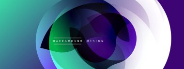Soyut tasarım özellikleri üst üste binen daireler, canlı gradyanlar. Teal, mor, beyaz renkler dinamik görsel efekt yaratır. Modern, şık arkaplan.