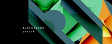 Soyut geometrik bileşim. Üst üste binen katmanlar, yeşil, turuncu ve deniz mavisi renklerini kullanarak derinlik yaratır. Dinamik şekilli modern tasarım, arka planlar için uygun..