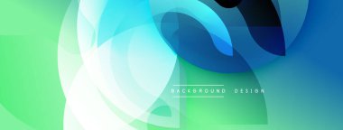 Soyut akışkan şekiller, canlı maviler, yeşiller modern pankart tasarımı yaratır. Pürüzsüz gradyanlar, üst üste binen formlar hareket ve enerji önerir.