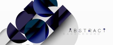 Geometrik şekiller örtüşür, dinamik bileşim yaratır. Koyu maviler baskın, açık tonlarla zıtlar. Modern tasarım ögesi.