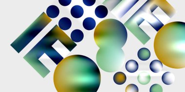 Şekillendirilmiş metin, küreler, daireler içeren soyut bir kompozisyon. Renkler, maviler, yeşiller, sarı ekran, görsel efektler. Modern tasarım.