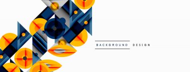 Soyut geometrik şekiller, canlı renkler, modern tasarım. Sarı, mavi, gri elementler dinamik bileşim oluşturur. Temiz, minimalist estetik.