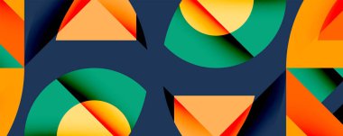 Soyut geometrik şekiller örtüşüyor, canlı renk kalıpları yaratıyor. Turuncu, yeşil, sarı renkler koyu arkaplana hakim. Modern tasarım.