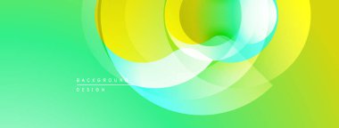 Soyut enerjik tasarım. Üst üste binen daireler dinamik bileşim yaratır. Yeşil, sarı, turkuaz renkler kusursuz bir şekilde harmanlanır. Modern arkaplan dokusu.