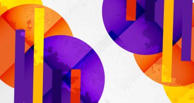 Soyut geometrik bileşim. Üst üste binen daireler, dikdörtgenler canlı bir görsel etki yaratır. Turuncu, mor baskın renk şeması. Modern tasarım.