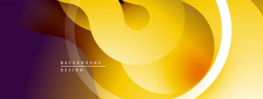 Soyut tasarım özellikleri üst üste binen daireler, gradyanlar. Sarı, kahverengi, mor modern görsel efekt yaratır. Yumuşak geçişler mevcut.