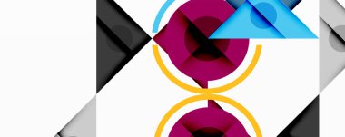 Soyut geometrik şekiller örtüşür ve canlı bir bileşim yaratır. Daireler, üçgenler, paralelkenarlar dizaynın hakimi. Renkler arasında mor, mavi, altın.