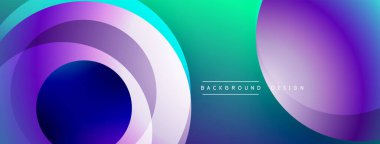 Soyut eğimler üst üste binen çemberler oluşturur. Canlı maviler, morlar, yeşiller dinamik görsel efektler yaratır. Modern tasarım ögesi.