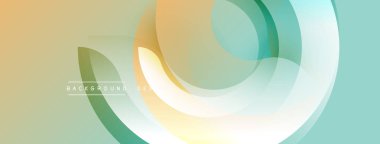 Soyut tasarım özellikleri üst üste binen daireler, yumuşak eğimler. Renkler bej, deniz mavisi, soluk sarı. Minimalist estetik, modern his.