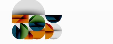 Üst üste binen daireler, yarı daireler içeren soyut bir kompozisyon. Renkler turuncu, yeşil, mavi, gri. Minimalist tasarım, temiz estetik.