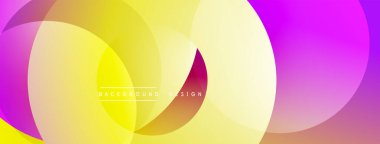 Soyut, enerjik tasarım, üst üste binen daireler. Sarı, pembe, mor renkler dinamik görsel efekt yaratır. Modern arkaplan ögesi.