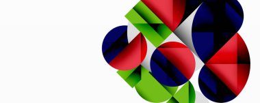 Soyut geometrik bileşim. Çemberler, üçgenler örtüşüyor. Renkli desenler yaratıyorlar. Modern tasarım, temiz çizgiler, minimalist estetik.